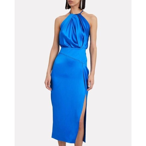 Michelle Mason Dresses & Skirts - Michelle Mason  Pleat Halter Dress Sky Blue Silk
